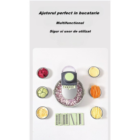 Feliator Multifunctional, Cyrax, Razatoare, 8 in 1, pentru Fructe si Legume, 12 Piese, Lame de Inox, Recipient Stocare, Separator Oua, Protectie Mana, ABS, Gri/Verde, 29.5x9x21.8 cm