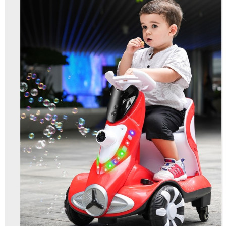 Masinuta electrica cu telecomanda pentru copii, Cyrax, roti spate rotire 360, 3- 6 ani, curea siguranta, baloane de sapun, lumini si sunete, self control si prin telecomanda, cu pedale de acceleratie si frana, rosie