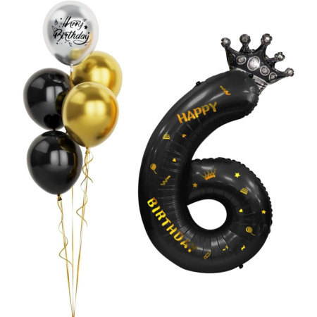 Balon din Folie Metalizata Cyrax, Figurina Cifra si Coroana, Scris Happy Birthday, Tema Aniversare 100 cm, Ambalaj Individual, Pai inclus, Umflare cu Aer sau Heliu, Negru, Cifra 6