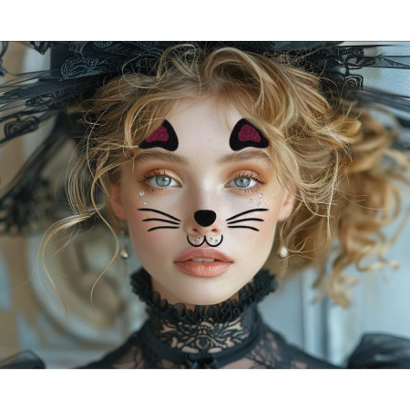 Sticker Temporar pentru Fata, Cyrax, pentru Machiaj, Face Art, Halloween, Teatru, Model Pisica, Mov