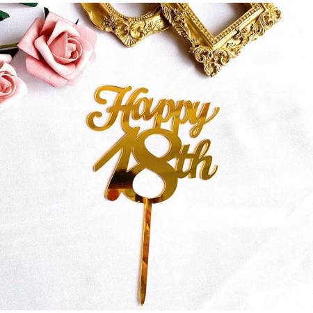 Decoratiune Topper pentru Tort, Cyrax, Model Happy18th, Dimensiuni 10 cm, Tematica Majorat, Auriu
