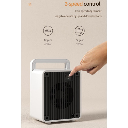 Mini Aeroterma,  Mini Radiator Electric, Putere 900 W, Buton cu 2 Trepte de Temperatura, Inchidere Automata, cu Maner de Prindere, 15x10.3x21 cm, Alb/ Negru