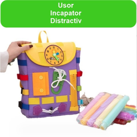 Ghiozdan Montessori, Cyrax, pentru Copii 2-6 ani, Fidget Pop, cu Catarame si Fermoare, Jucarii Senzoriale, Activitate de Invatare prin Joc, Mov, 0.25 kg, 28x10x23 cm