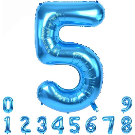 Balon din Folie Metalizata, Cyrax, Figurina Cifra, Tema Aniversare 100 cm, Ambalaj Individual, Pai inclus, Umflare cu Aer sau Heliu, Albastru, Cifra 5