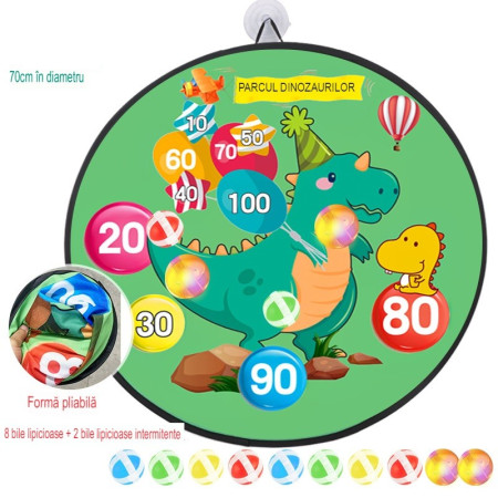 Joc Darts Cyrax pentru Copii, Placa Pliabila 70 cm, 8 Mingii Velcro/Scai Simple, 2 Mingii Luminoase, Model Dinozaur Park, Verde