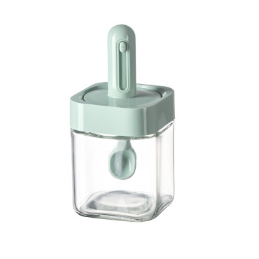 Recipient pentru Depozitarea Condimentelor, Cyrax, Borcan din Sticla, Capac si Lingura Incorporate, Uz Casnic, 300 ml, 7.1x7.1x14.8 cm, Verde