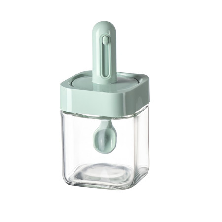 Recipient pentru Depozitarea Condimentelor, Cyrax, Borcan din Sticla, Capac si Lingura Incorporate, Uz Casnic, 300 ml, 7.1x7.1x14.8 cm, Verde