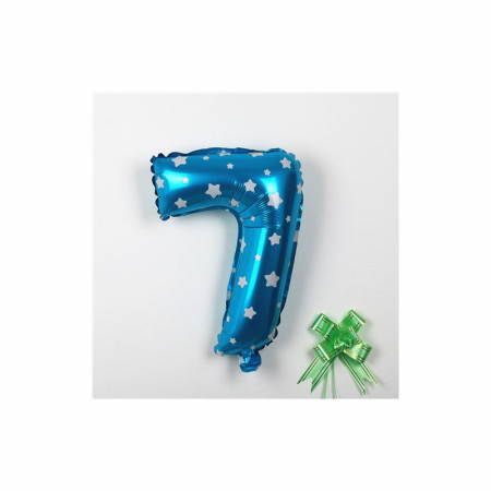 Balon din Folie Metalizata Cyrax, Figurina Cifra, Imprimeu Stele, Tema Aniversare 80 cm, Ambalaj Individual, Pai inclus, Umflare cu Aer sau Heliu, Albastru, Cifra 7
