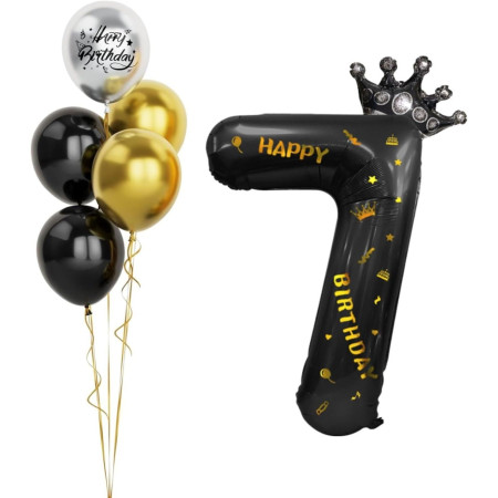 Balon din Folie Metalizata Cyrax, Figurina Cifra si Coroana, Scris Happy Birthday, Tema Aniversare 100 cm, Ambalaj Individual, Pai inclus, Umflare cu Aer sau Heliu, Negru, Cifra 7
