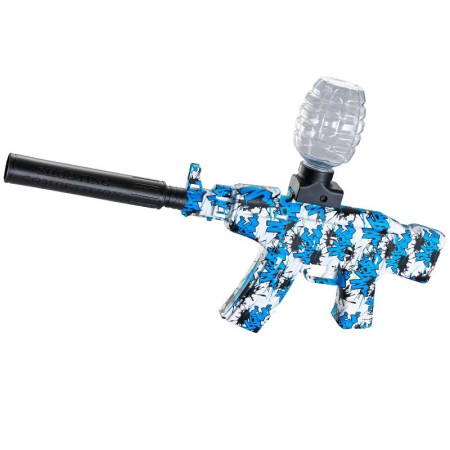 Mitraliera de jucarie electrica Cyrax cu bile de hidrogen de gel, gun bluster, tragere in rafala, varsta peste 6 ani, sageti cu ventuze de spuma, amorizor, ochelari de protectie, 5000 de bile incluse, cablu de incarcare, 28x31 cm, AK47, albastru
