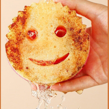 Burete de Vase, Cyrax, Rotund, din Burete PU, Model Smiley Face, Doua Fete, 10 x 4 cm, Portocaliu/Galben