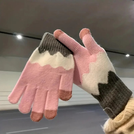 Manusi de Dama,  Model Ondulat, Functie Touchscreen (ecran tactil), Material Acril Tricotat, Manseta Elastica, Interior Catifelat, Marime Universala, Roz/Gri