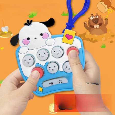 Jucarie pentru copii portabila Cyrax, joc Gopher, cu lumini si muzica, tip breloc, model catelus, material silicon si ABS, bleu