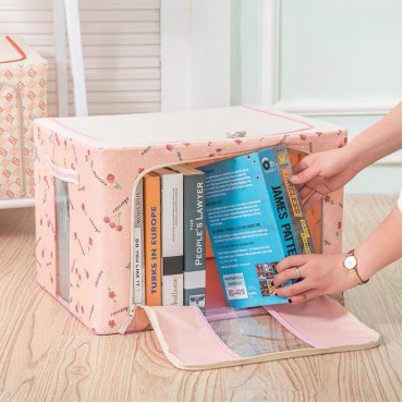 Cutie de Depozitare Pliabila,  66 L, din Tesatura Oxford, 50x40x33 cm, 2 Ferestre, Frontala si Laterala, 2 Usi de Acces cu Fermoar Bidirectional, Cadru Metalic, Suport Baza Stabil din Plastic, Imprimeu Cirese, Roz