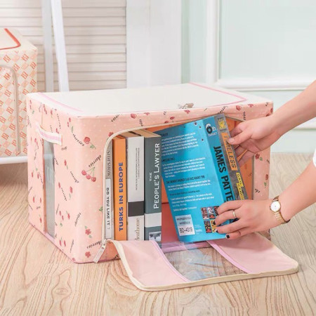 Cutie de Depozitare Pliabila,  66 L, din Tesatura Oxford, 50x40x33 cm, 2 Ferestre, Frontala si Laterala, 2 Usi de Acces cu Fermoar Bidirectional, Cadru Metalic, Suport Baza Stabil din Plastic, Imprimeu Cirese, Roz