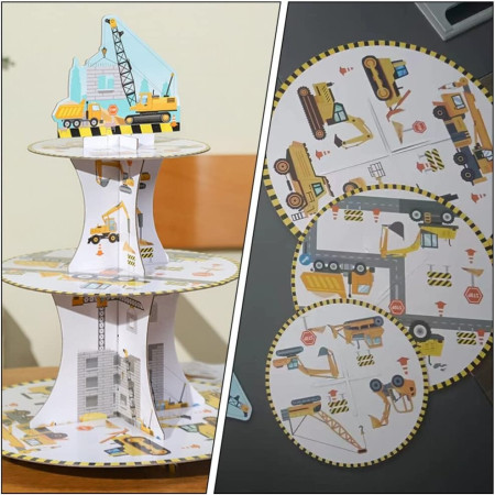 Etajera pentru Prajituri, Cyrax, din Carton, 3 Nivele, 16/22/29 cm Diametru, Inaltime 38 cm, Tema Utilaje de Santier, Multicolor