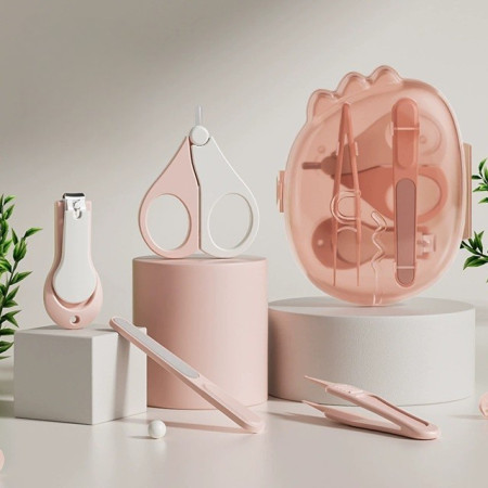 Set 4in1 de Ingrijire Unghii pentru Bebelusi, Cyrax, Cutie de Depozitare Dinozaur Transparent, 0-6 Ani, 11.5 x 9 x 3 cm, Roz