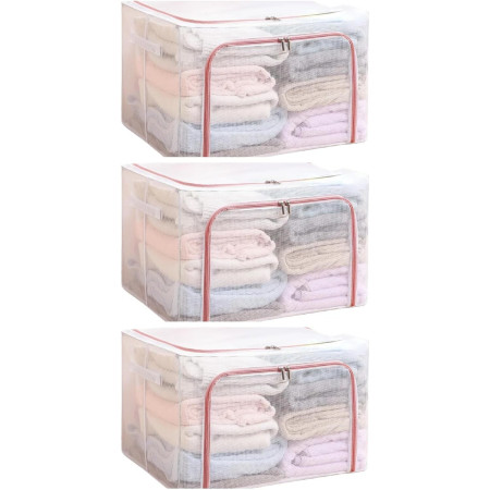 Cutie de Depozitare Pliabila,  Cu Fereastra si Fermoar Dublu Rosu, 66 L, Textil, 50x40x33 cm, Cadru Metalic, Impermeabila, Transparent