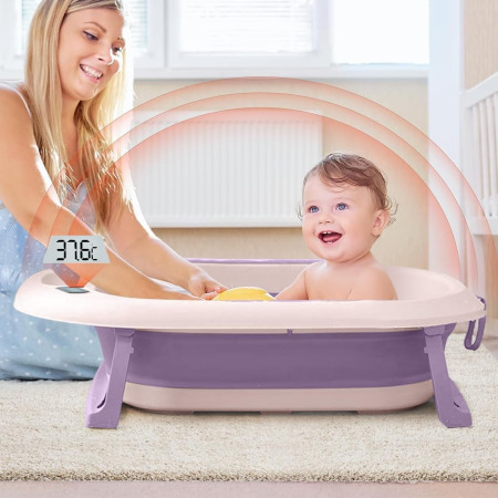 Cada de Baie, Cyrax, pentru Copii 0 luni - 6 Ani, cu Termometru, Pliabila, Perna Suport Inclusa, din Plastic, 81.5 x 49 x 21.5 cm, Mov