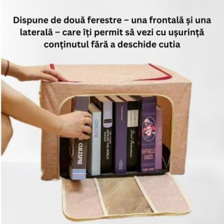 Cutie de Depozitare Pliabila,  66 L, din Bumbac si In, 33x40x50 cm, 2 Ferestre, Frontala si Laterala, 2 Usi de Acces cu Fermoar Bidirectional, Cadru Metalic, Suport Baza Stabil din Plastic, Roz Pudrat