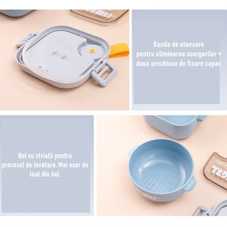 Caserola pentru copii Cyrax, lunch box, 750 ml, doua boluri, lingura, foarfeca din plastic, rezistenta la scurgeri, Albastra