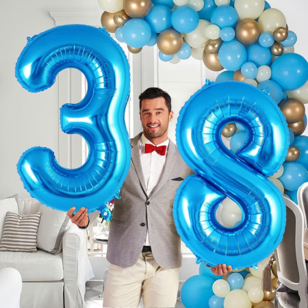 Balon din Folie Metalizata Cyrax, Figurina Cifra, Tema Aniversare 40 cm, Ambalaj Individual, Pai inclus, Umflare cu Aer sau Heliu, Albastru, Cifra 8