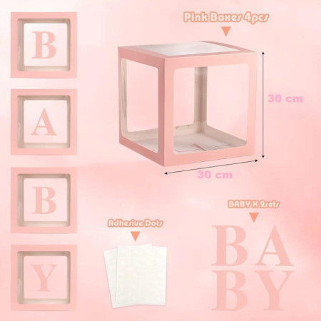 Set 4 Cutii pentru Baloane, Cyrax, Model Scris Baby, Tematica Iubire, Cuburi Decorative din Plastic, Accesorii pentru Petrecere, 30 x30 cm, Transparente Contur Roz