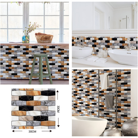 Set 10 x Placi Tapet Autocolant 3D cu Imitatie de Marmura Asimetrica,  pentru Perete Bucatarie Sufragerie, Usor de Curatat, Rezistent la Apa, Autoadeziv, 30x30 cm, Maro Gri Negru