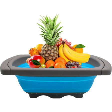 Cos de Scurgere Retractabil pentru Chiuveta, Cyrax, cu Filtru, pentru Fructe si Legume, de Uz Casnic, 39x12 cm, Design Extensibil pana la 61 cm, cu Manere de Prindere, Albastru