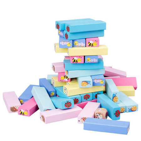 Joc de Societate, Cyrax, pentru Copii, din Lemn, Interactiv, Distractiv, Jenga Stack High Blocks, cu Zar, 51 de Piese Animate, 24.5x18x5 cm, Multicolor