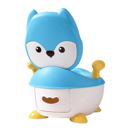 Olita pentru Copii, Cyrax, +6 luni, Compartiment Detasabil, cu Capac, Antiderapanta, din Plastic, Colac Moale, Model Animat Vulpe, cu Maner, 34.5 x 35 x 23 cm, Albastru/Alb