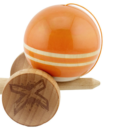 Kendama X Rainbow Originala, Profesionala, Cyrax, Big Cups V2, Super Sticky cu Cupe Mari, Rulment Metalic, din lemn 18 cm, Ata 55 cm, Portocaliu/Maro