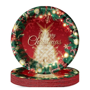 Set 16 Farfurii de Unica Folosinta, Cyrax, Model Brad de Craciun Merry Christmas, Tematica Craciun, 23 cm, Rosu/Verde