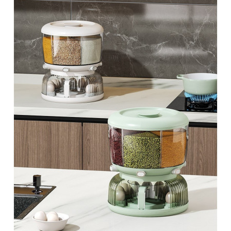 Dozator Etajat de Cereale Cyrax, Rotativ 360, 6 Compartimente, Capacitate 10L, Cofraj Special pentru Oua, Vas pentru Scurgerea Cerealelor, 35x27.5 cm, Verde