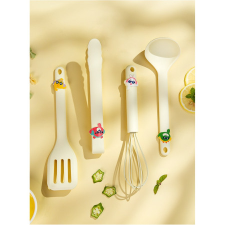 Set 4 Ustensile de Bucatarie, Cyrax, pentru Copii, din Silicon, Termorezistente, Design Animat, 13 x 24 x 5 cm, Bej