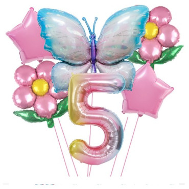 Cyrax Set baloane aniversare cu numere, din folie de aluminiu, 6 piese, 2 flori, 2 stelute, 1 fluture, 1 cifra, Multicolor, Cifra 5