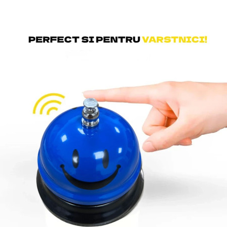 Clopotel Metalic Multifunctional, Cyrax, Albastru cu Imprimeu Smiley Face, 7.5x7.5x6.5 cm, Receptie, Restaurant, Cafenele