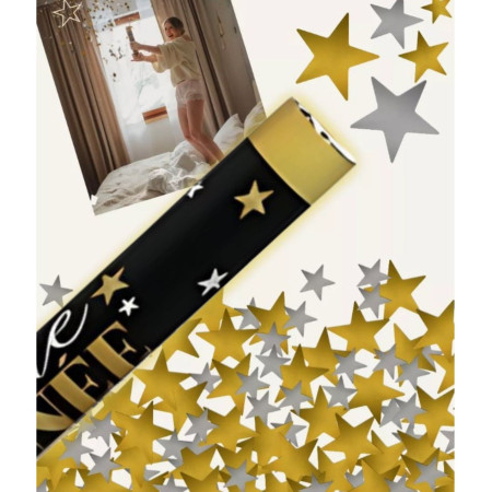 Tub de Confetii, Cyrax, Bonne Annee, 60x5 cm, Confetii Stelute din Aluminiu, Auriu/Argintiu
