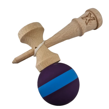 Jucarie Kendama X Originala, Profesionala, Cyrax, din Lemn, Rubber Grip, 18 cm, Mov/Albastru