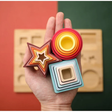 Jucarie Educativa, Cyrax, +12 Luni, Tip Montessori, din Lemn si Silicon, Forme Geometrice Stivuibile, 15 Piese, 27 x 19 cm, Multicolor