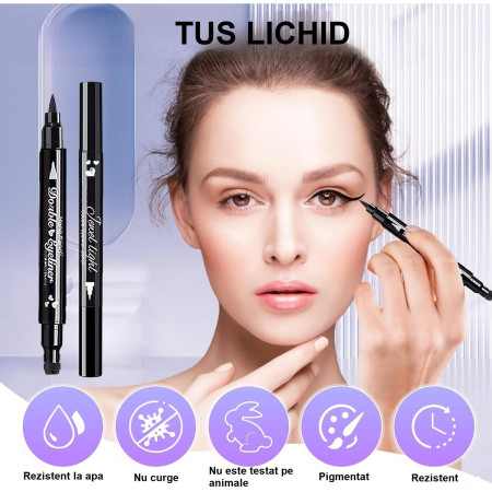 Tus Lichid pentru Ochi, Cyrax, 2 Capete, Eyeliner si Stampila Inima, Pentru Ochi si Corp, 50 g, Rezistent la Apa, 12.7 x 3 cm, Negru