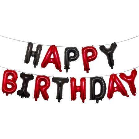 Set Baloane din Folie Metalizata, Cyrax, Model Happy Birthday, Litere de 40 cm, Baloane Party, Ambalaj Individual, Pai, Ata si Adeziv Incluse, Umflare cu Aer sau Heliu, Rosu-Negru