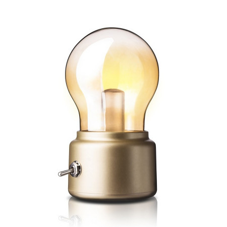 Lampa LED Decorativa sub forma de Bulb, Retro pentru interior, Bej/ Transparent, 5 V, 500 mA, ABS, Lumina Calda, Incarcare USB, Autonimie 12 Ore, Comutator Metalic,  11x7x6 cm
