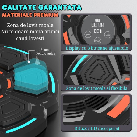 Tinta Lovituri Box Montabil pe Perete, Cyrax, Negru, Difuzor, Bluetooth, Iluminare LED, 41.5 x 6.5 x 42 cm, Manusi Incluse