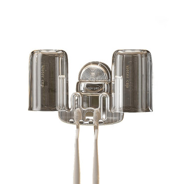 Suport Multifunctional Dublu, Pahar si Suport pentru Periuta de Dinti,  Plastic, 11 cm x 11.5 cm, Transparent