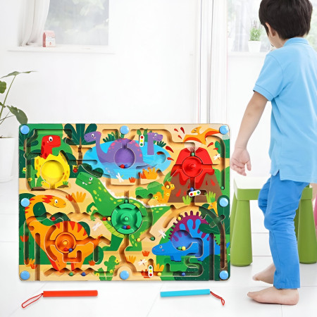 Joc Montessori de Sortare Culori, Cyrax, Creion Magnetic, Tip Labirint Ilustrat, din Lemn, Model Dinozauri, 39x29x1.5 cm
