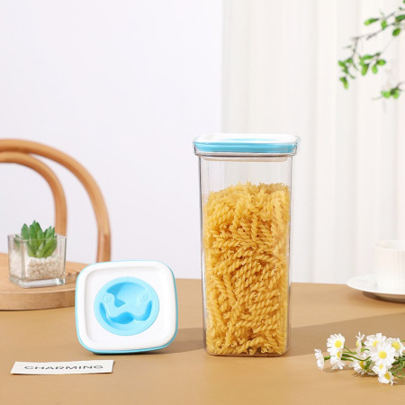 Set 5 Cutii de Depozitare pentru Bucatarie, Cyrax, 2 x 600ml, 2 x 1.3L, 1 x 2L, din ABS+PET+Silicon, Capac Alb/Albastru, 23 x 10 x 10 cm, Transparent