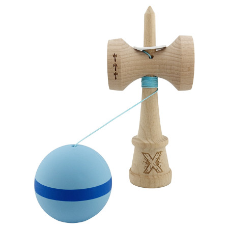 Kendama X Originala, Profesionala, Cyrax, Cupe Mari KING SIZE V3, Rubber Grip, Gaura in Baza, Rulment Metalic, din lemn 18 cm, Ata 62/65 cm, M Bleu/Albastru/Bleu