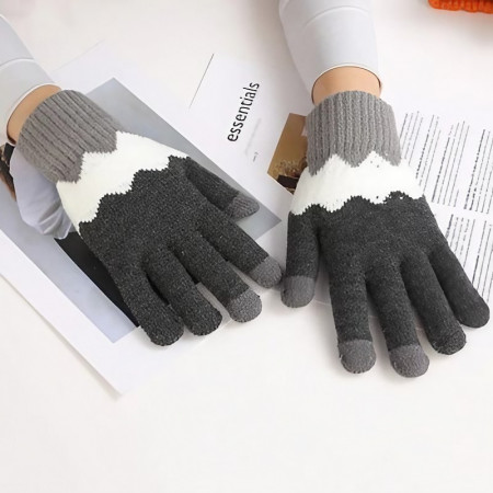 Manusi de Dama,  Model Ondulat, Functie Touchscreen (ecran tactil), Material Acril Tricotat, Manseta Elastica, Interior Catifelat, Marime Universala, Gri/Alb