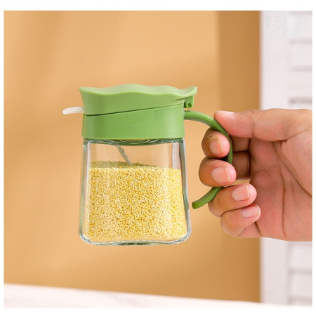 Recipient Condimente, Cyrax, din Stilca, 180 ml, cu Maner si Lingurita, 11.3 x 8.2 cm, Capac Ondulat, Verde